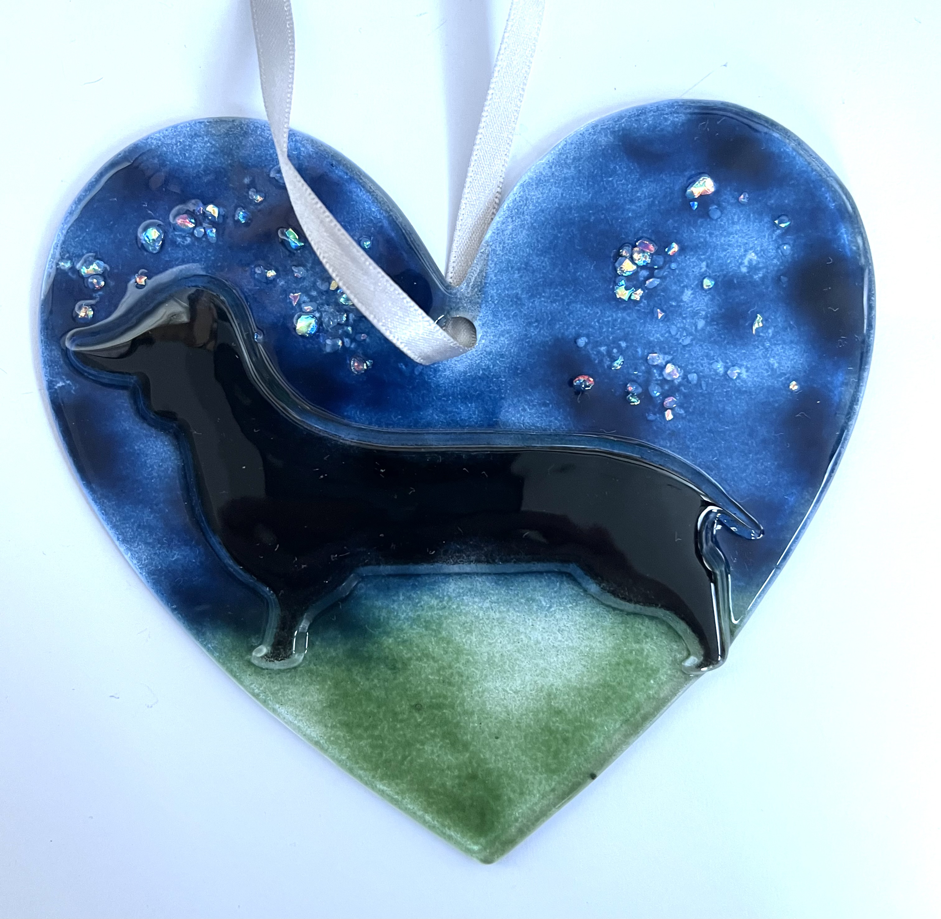 Handmade glass sausage dog heart