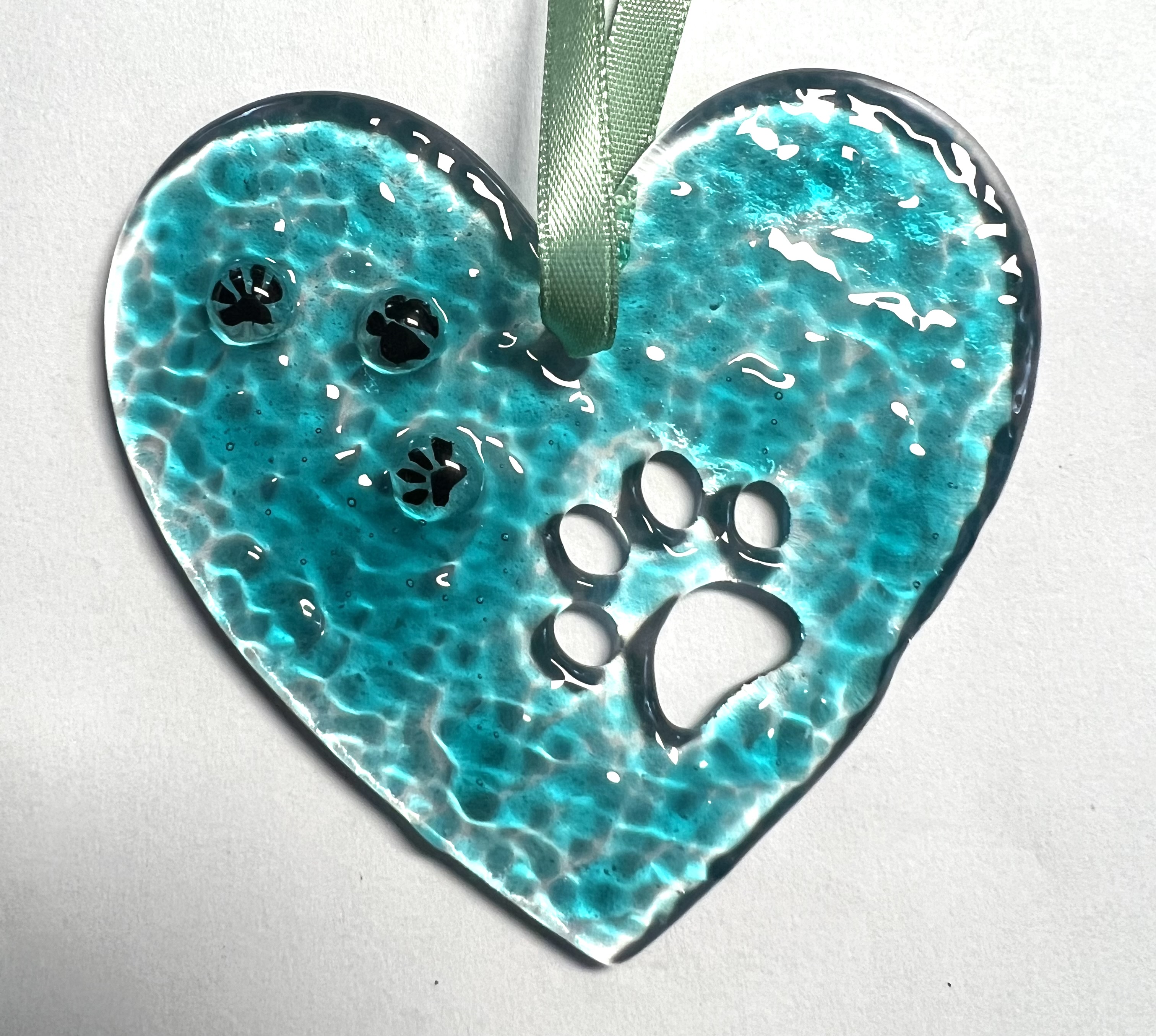Handmade glass pawprint heart