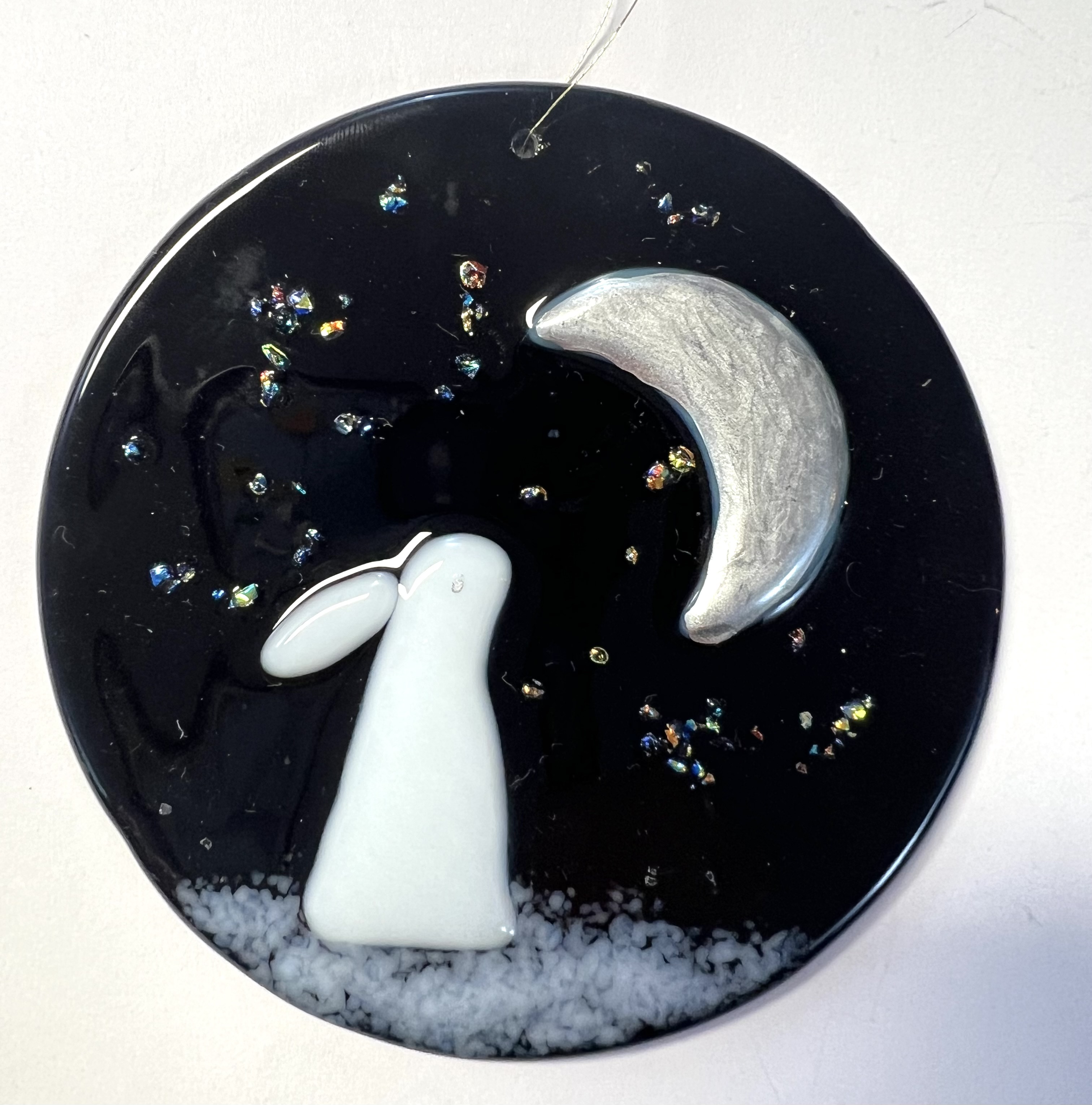 Fused glass Moongazing hare on deep royal purple glass